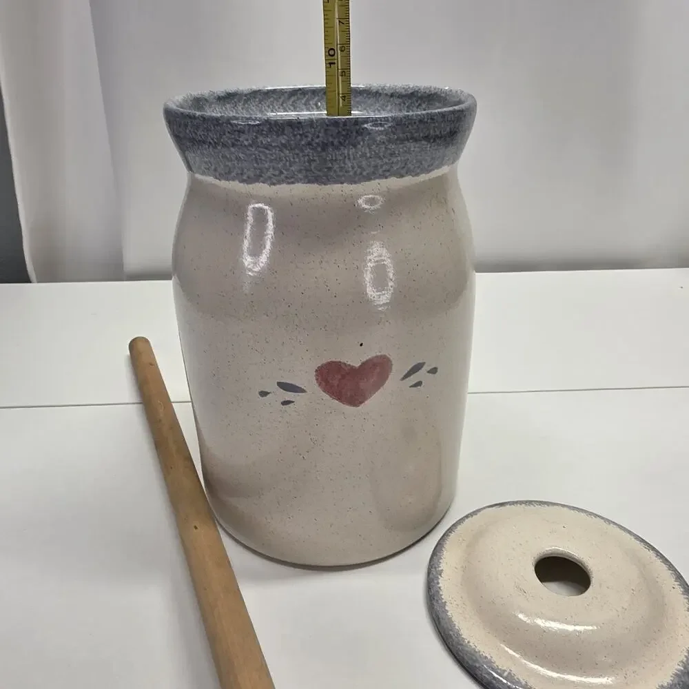 Vintage Stoneware Butter Churn 5 Gallon Crock With Lid And Masher Fruit Decor